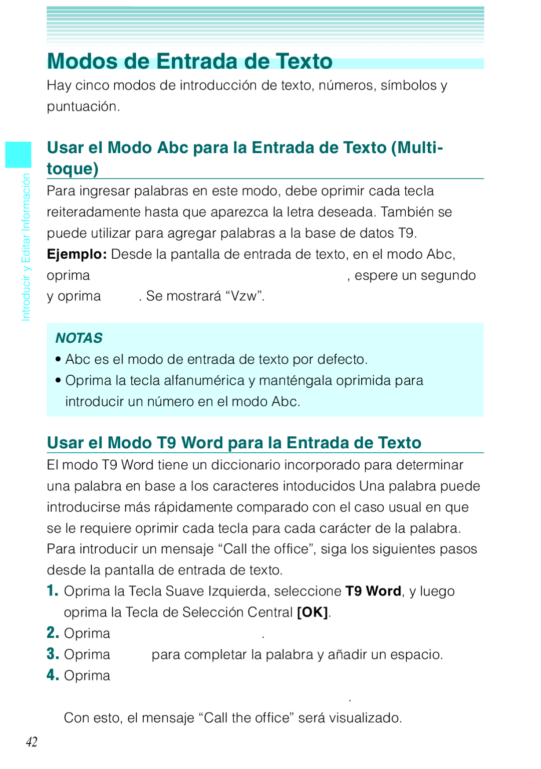 Verizon C751 manual Modos de Entrada de Texto, Usar el Modo Abc para la Entrada de Texto Multi- toque 