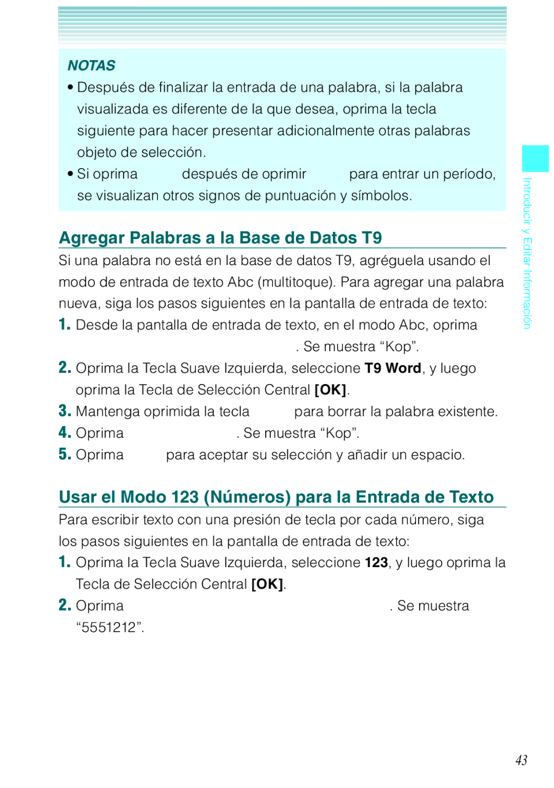 Verizon C751 manual Agregar Palabras a la Base de Datos T9, Usar el Modo 123 Números para la Entrada de Texto 