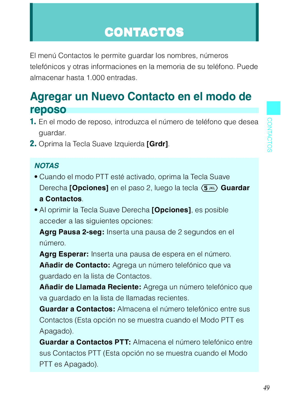 Verizon C751 manual Contactos, Agregar un Nuevo Contacto en el modo de reposo 