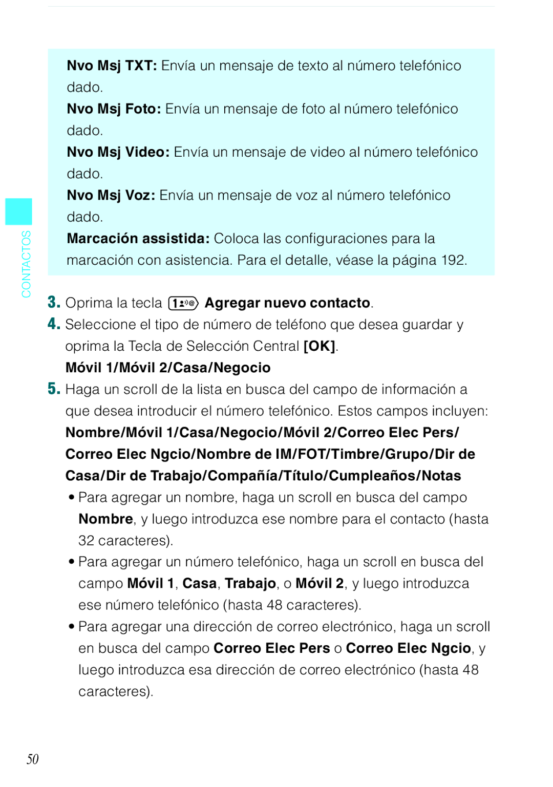 Verizon C751 manual Oprima la tecla Agregar nuevo contacto, Móvil 1/Móvil 2/Casa/Negocio 