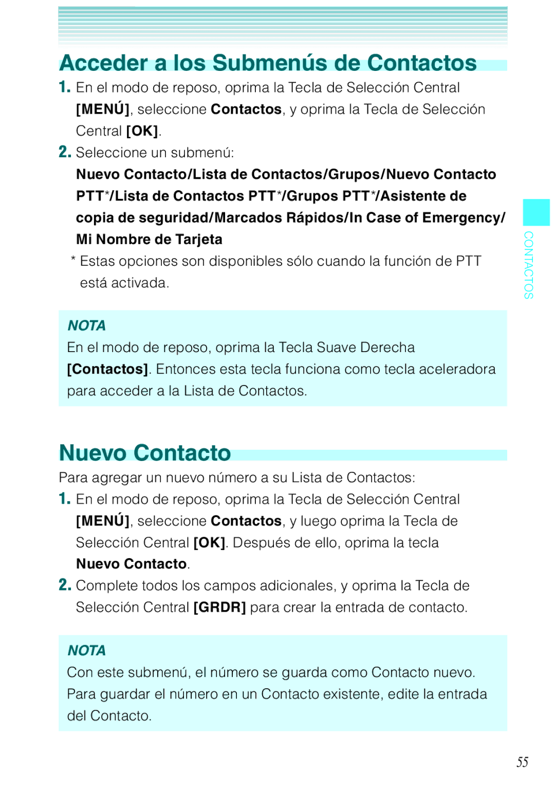 Verizon C751 manual Acceder a los Submenús de Contactos, Nuevo Contacto 