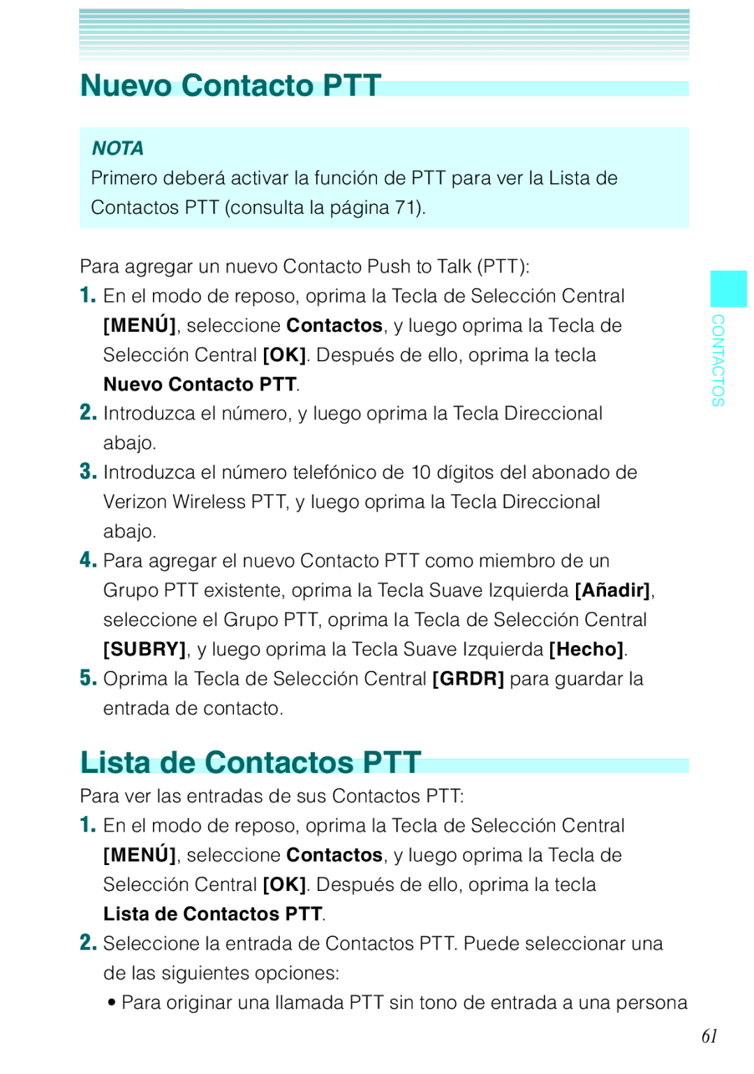 Verizon C751 manual Nuevo Contacto PTT, Lista de Contactos PTT 