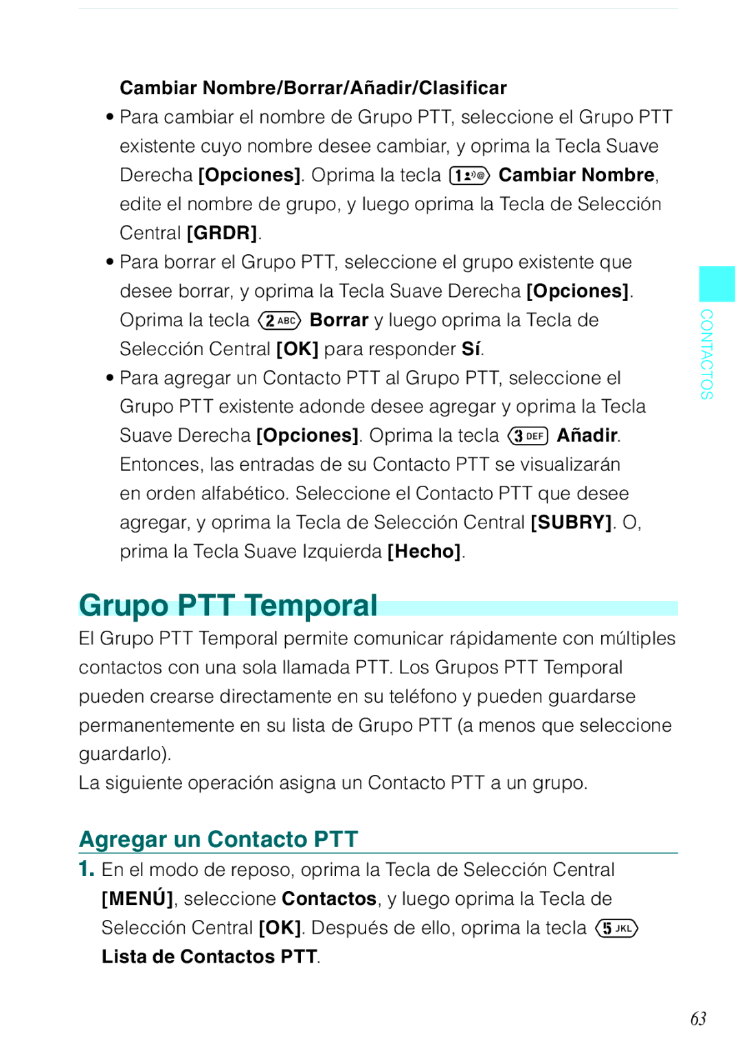 Verizon C751 manual Grupo PTT Temporal, Agregar un Contacto PTT, Cambiar Nombre/Borrar/Añadir/Clasificar 