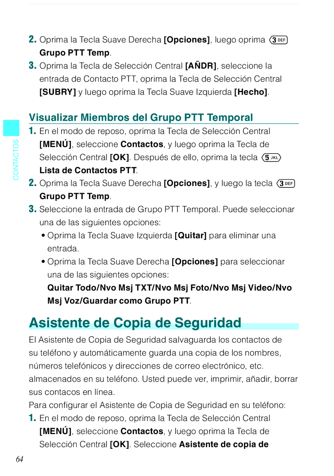 Verizon C751 manual Asistente de Copia de Seguridad, Visualizar Miembros del Grupo PTT Temporal 