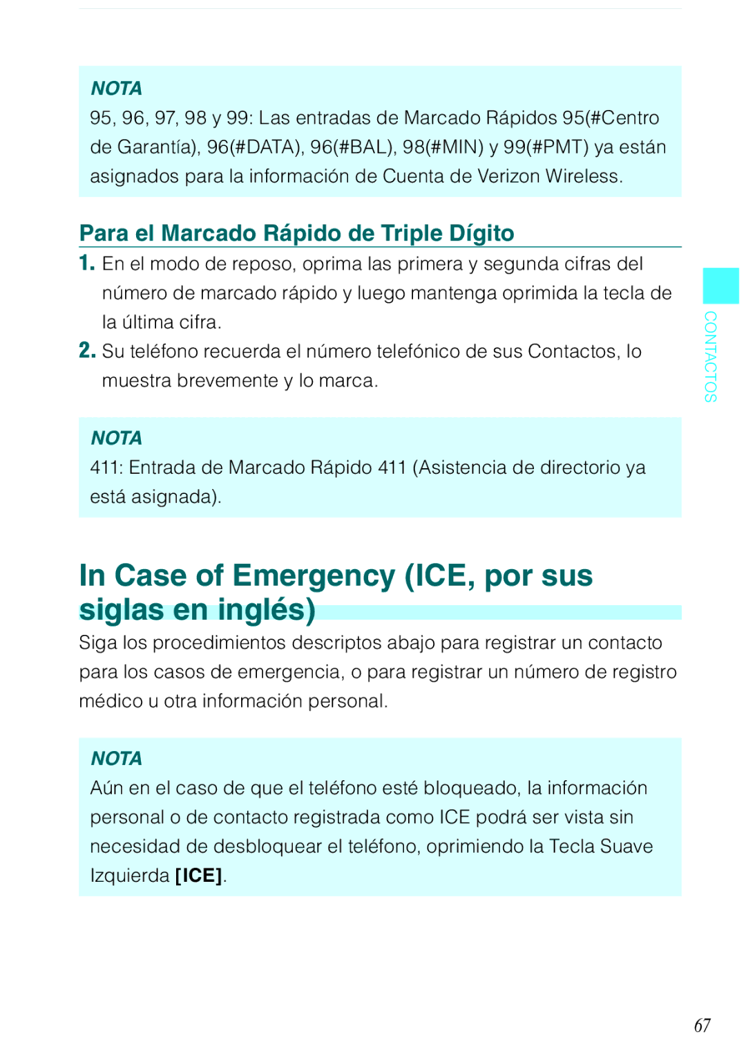 Verizon C751 manual Case of Emergency ICE, por sus siglas en inglés, Para el Marcado Rápido de Triple Dígito 