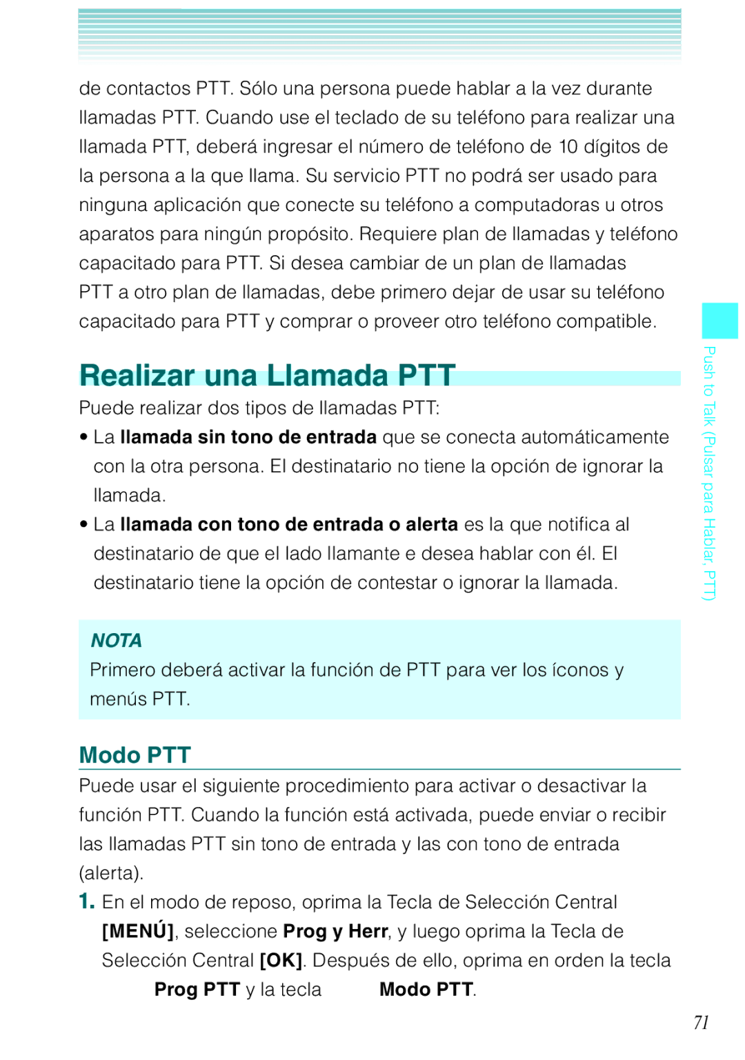 Verizon C751 manual Realizar una Llamada PTT, Puede realizar dos tipos de llamadas PTT, Prog PTT y la tecla Modo PTT 