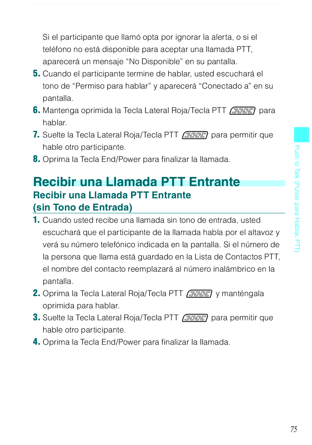 Verizon C751 manual Recibir una Llamada PTT Entrante sin Tono de Entrada 