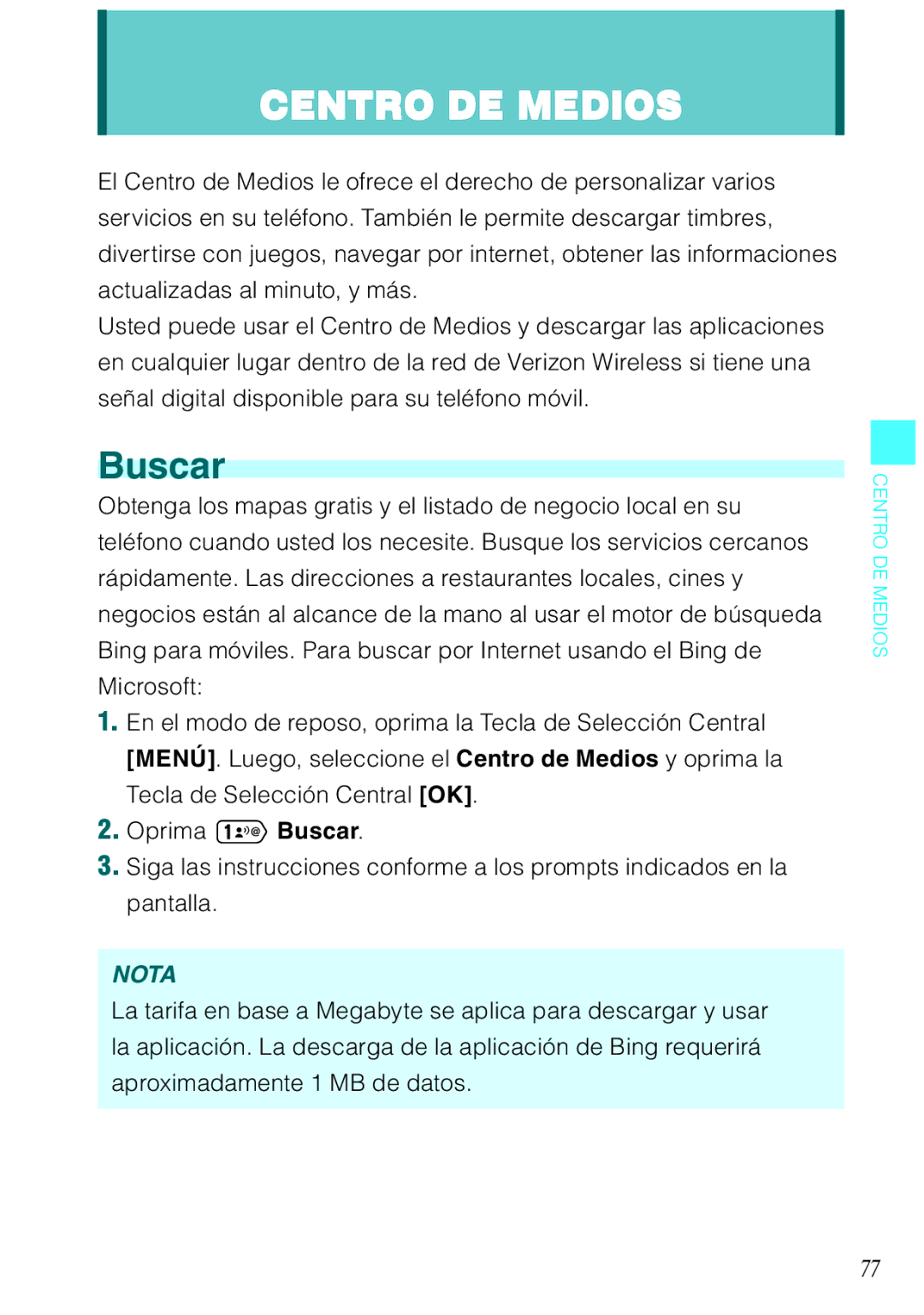 Verizon C751 manual Centro DE Medios, Buscar 