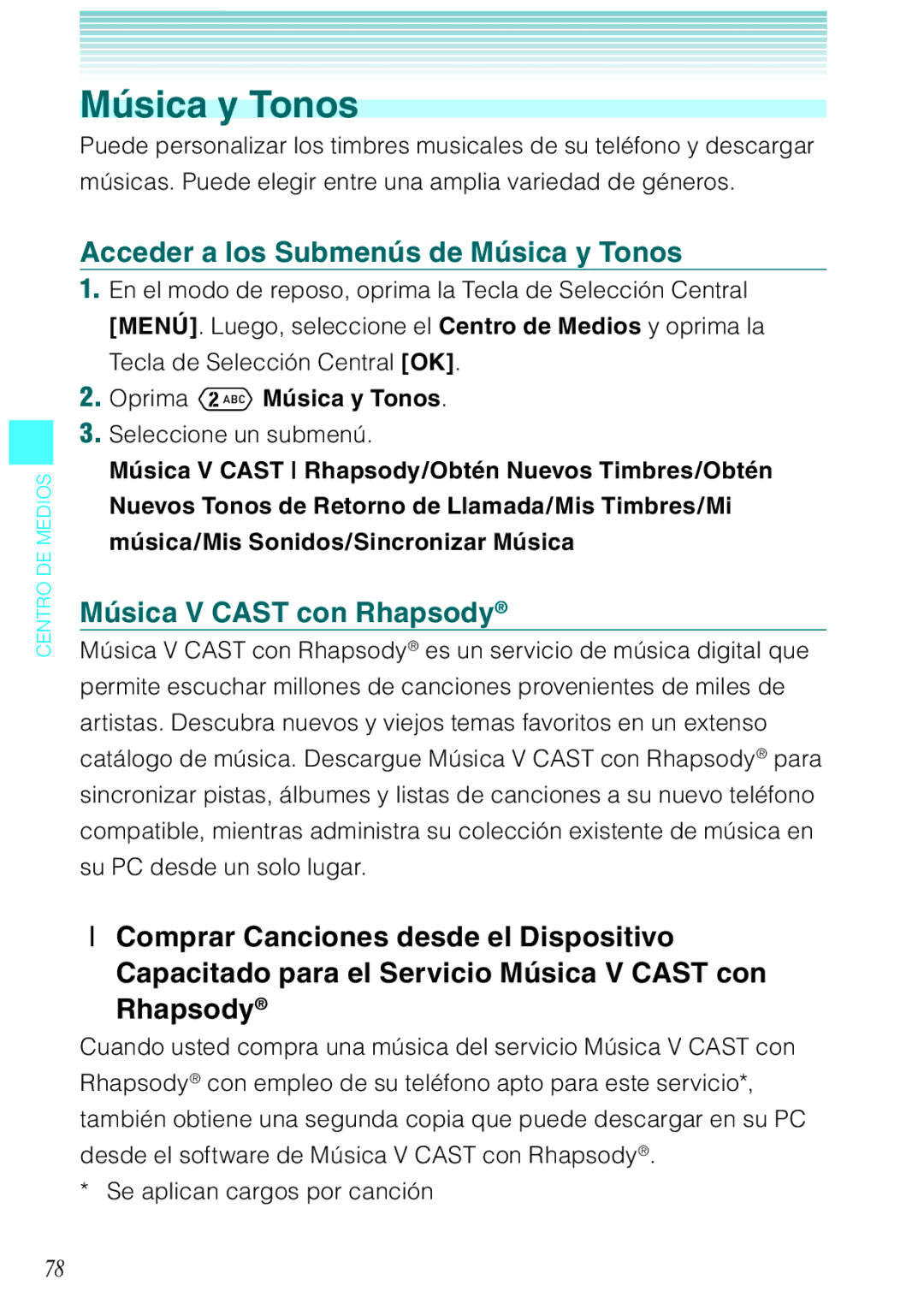 Verizon C751 manual Acceder a los Submenús de Música y Tonos, Música V Cast con Rhapsody, Oprima Música y Tonos 