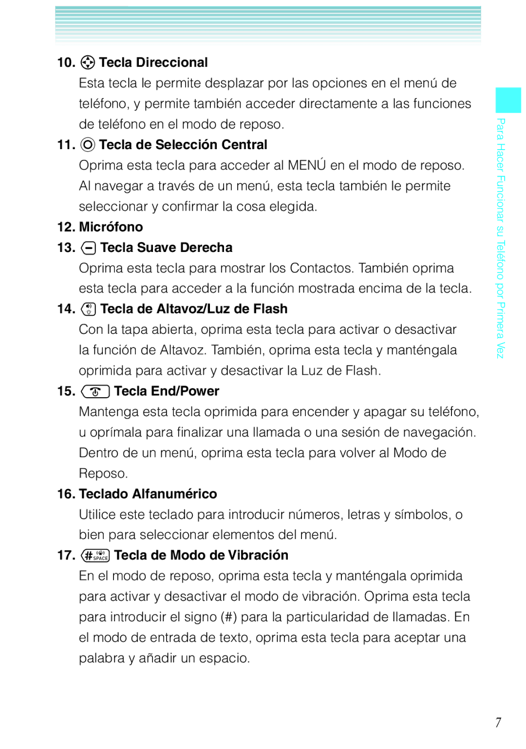 Verizon C751 manual 10. Tecla Direccional, 11. Tecla de Selección Central, Micrófono 13. Tecla Suave Derecha 