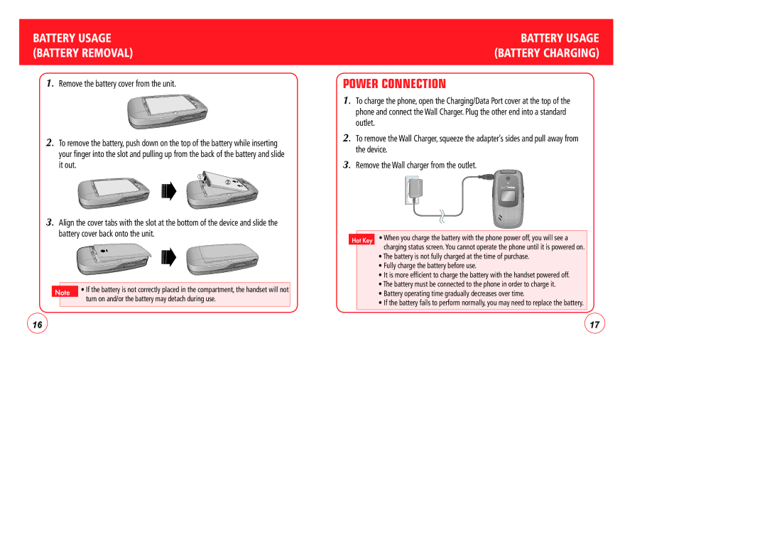 Verizon CDM7076 manual Power Connection, Battery Usage Battery Removal 