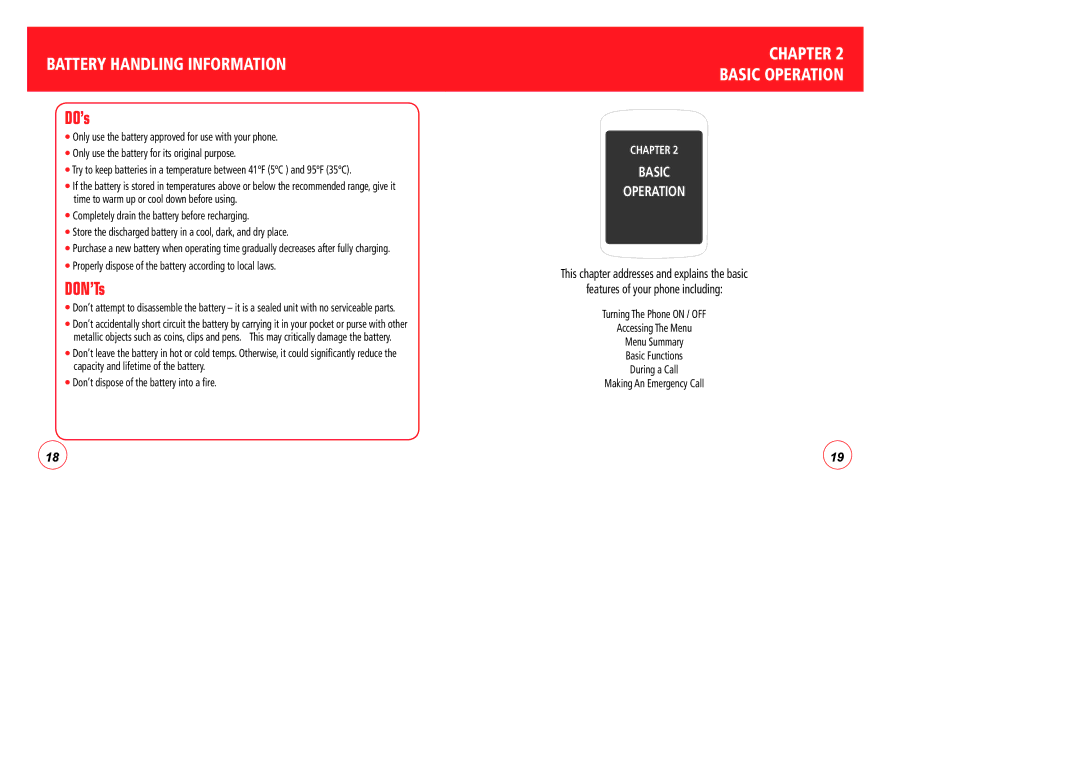 Verizon CDM7076 manual Battery Handling Information, Chapter Basic Operation 