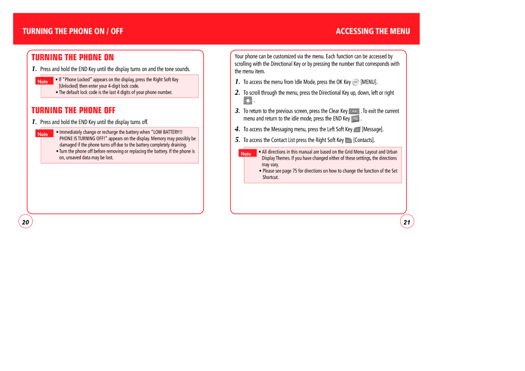 Verizon CDM7076 manual Turning the Phone OFF, Turning the Phone on / OFF, Accessing the Menu 