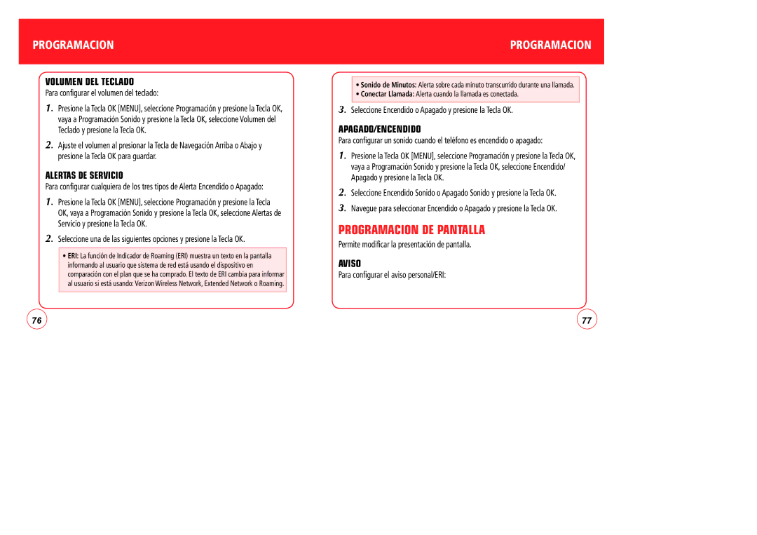 Verizon CDM7076 manual Programacion DE Pantalla, Volumen DEL Teclado, Apagado/Encendido, Aviso 