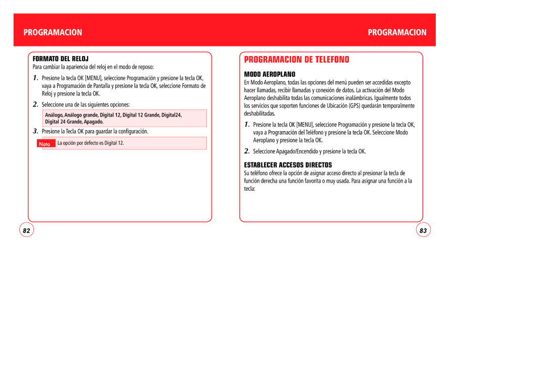 Verizon CDM7076 manual Programacion DE Telefono, Formato DEL Reloj, Modo Aeroplano, Establecer Accesos Directos 