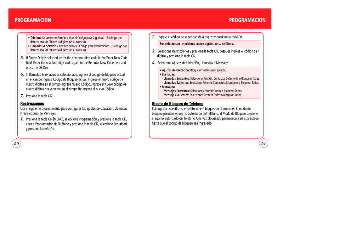 Verizon CDM7076 manual Restricciones, Ajuste de Bloqueo de Teléfono 