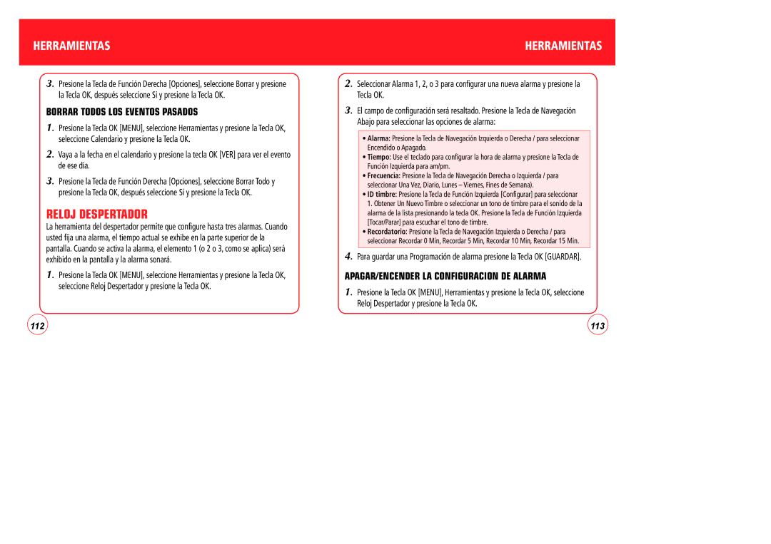 Verizon CDM7076 manual Reloj Despertador, Borrar Todos LOS Eventos Pasados, APAGAR/ENCENDER LA Configuracion DE Alarma 