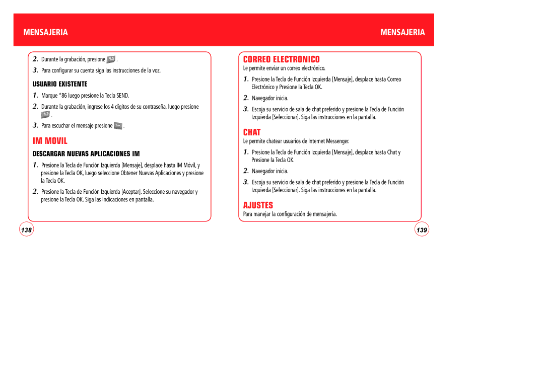 Verizon CDM7076 manual IM Movil, Correo Electronico, Ajustes, Usuario Existente, Descargar Nuevas Aplicaciones IM 