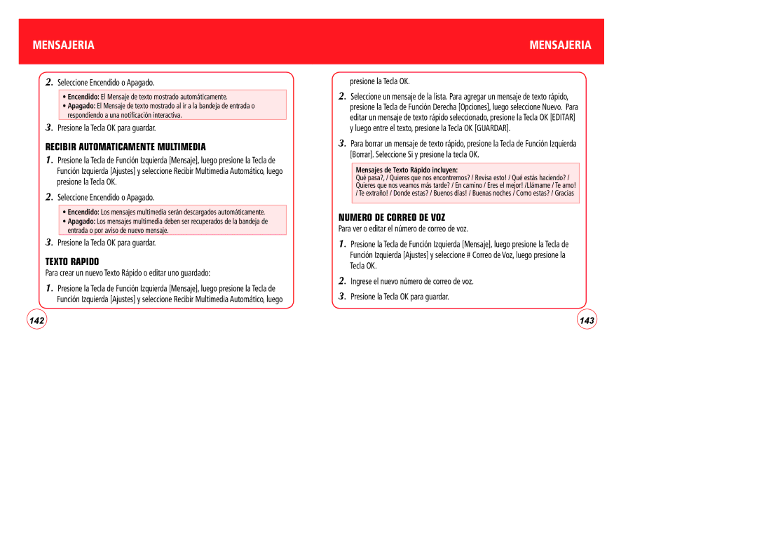 Verizon CDM7076 manual Recibir Automaticamente Multimedia, Texto Rapido, Numero DE Correo DE VOZ 