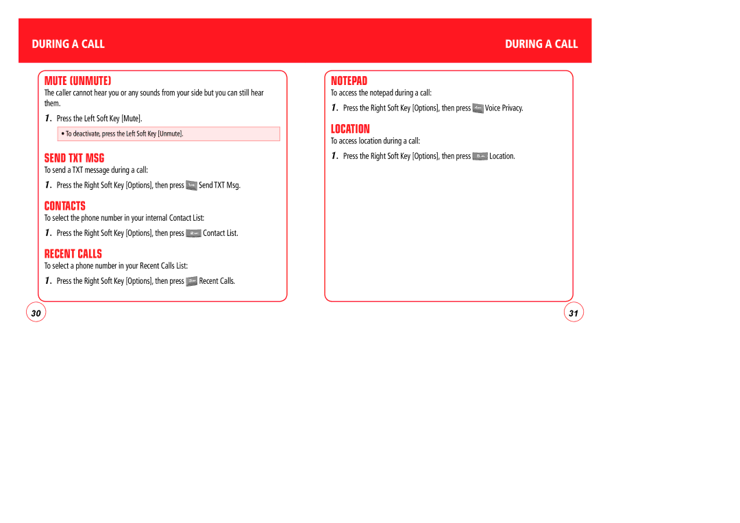 Verizon CDM7076 manual During a Call, To send a TXT message during a call, To access the notepad during a call 