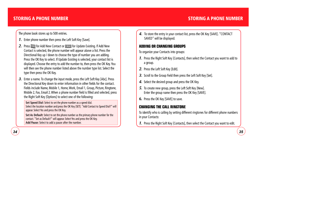 Verizon CDM7076 manual Storing a Phone Number, Adding or Changing Groups, Changing the Call Ringtone 