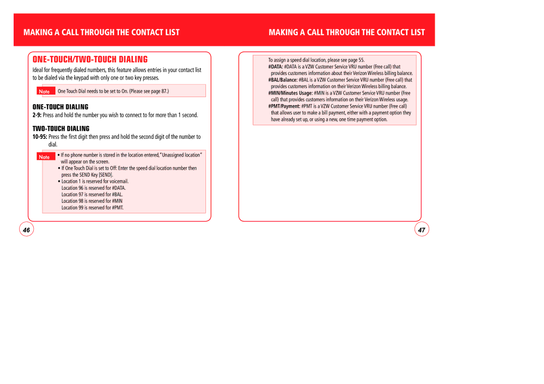 Verizon CDM7076 manual ONE-TOUCH/TWO-TOUCH Dialing, Making a Call Through the Contact List, ONE-TOUCH Dialing 