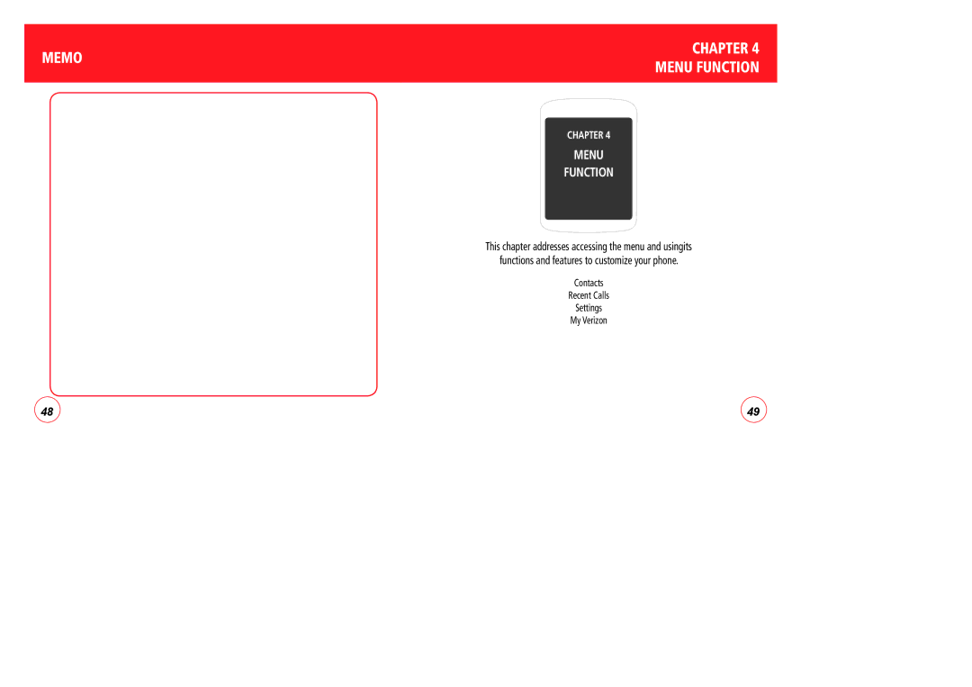 Verizon CDM7076 manual Memo Chapter Menu Function 