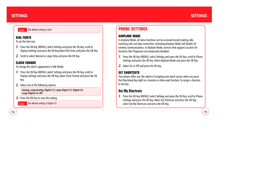 Verizon CDM7076 manual Phone Settings, Dial Fonts, Clock Format, Airplane Mode, SET Shortcuts 