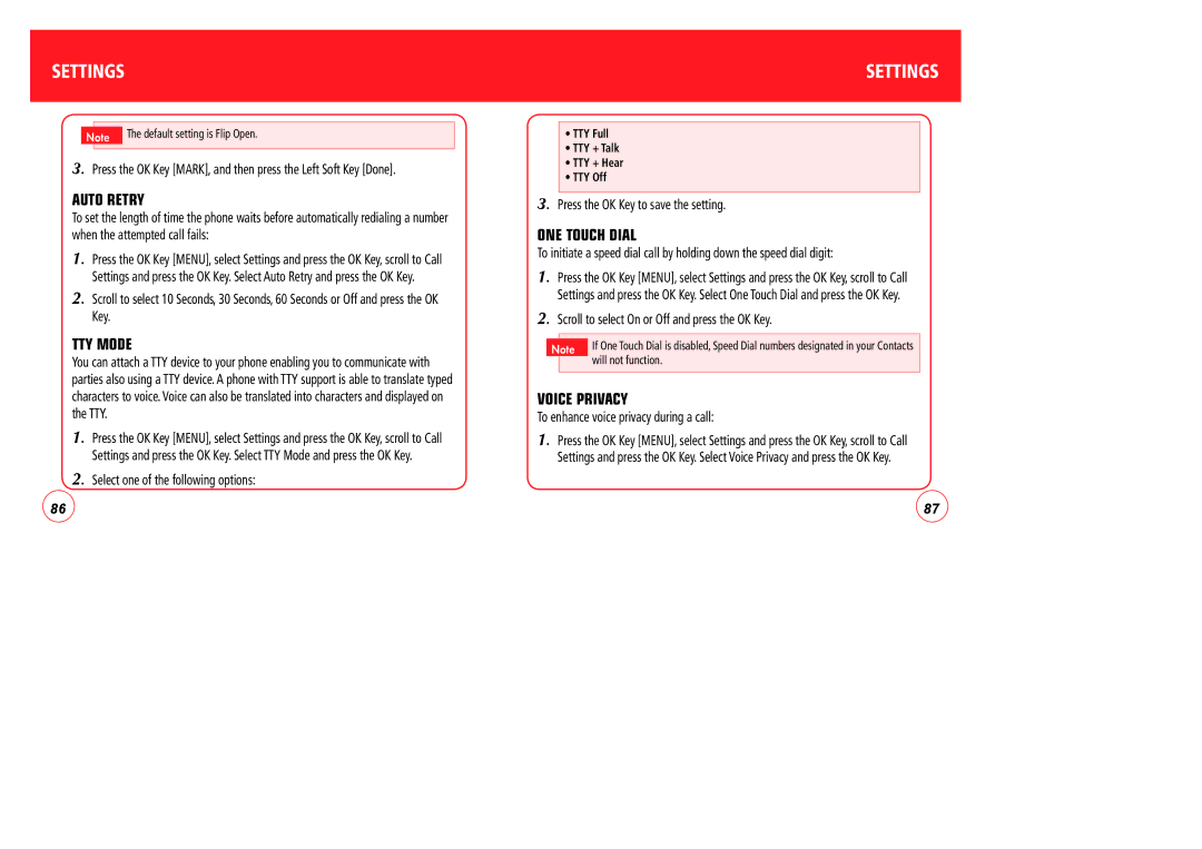 Verizon CDM7076 manual Auto Retry, TTY Mode, ONE Touch Dial, Voice Privacy, To enhance voice privacy during a call 