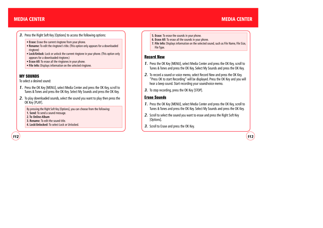 Verizon CDM7076 manual Record New, Erase Sounds, To select a desired sound, To stop recording, press the OK Key Stop 