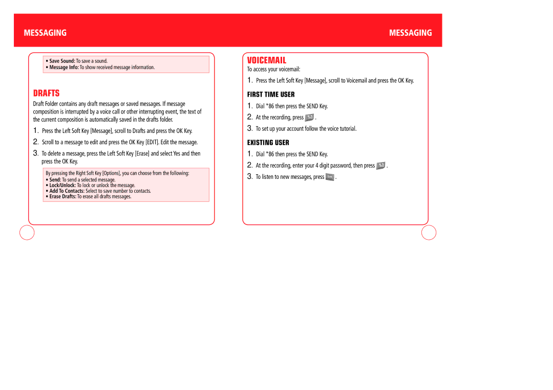 Verizon CDM7076 manual Drafts, Voicemail, First Time User, Existing User 