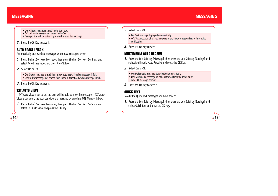 Verizon CDM7076 manual Auto Erase Inbox, TXT Auto View, Multimedia Auto Receive, Quick Text 