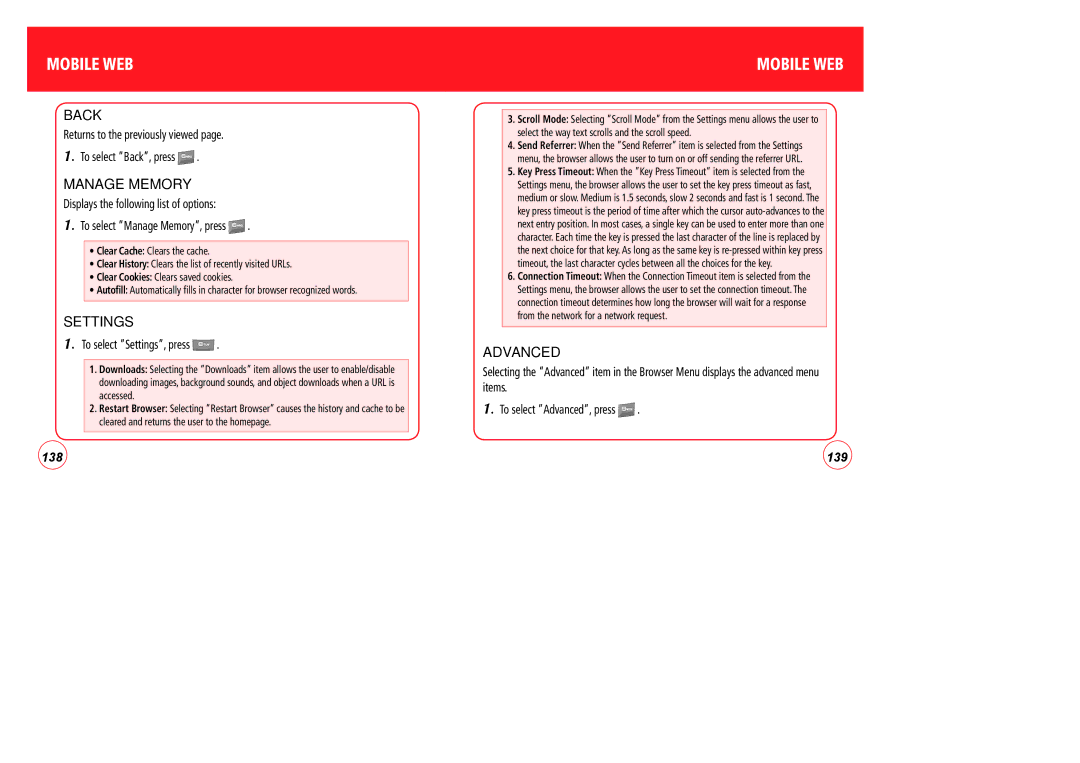 Verizon CDM7076 manual Back, Manage Memory, Settings, Advanced 