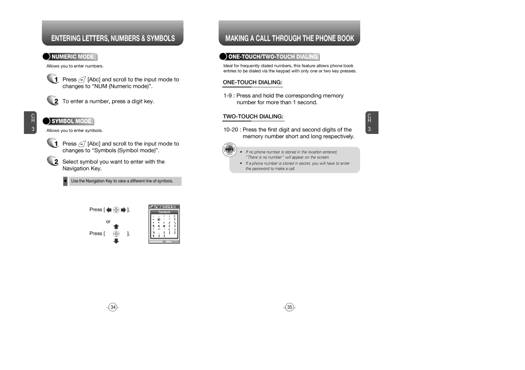 Verizon CDM8615 manual ONE-TOUCH Dialing, TWO-TOUCH Dialing, Numeric Mode, Symbol Mode 