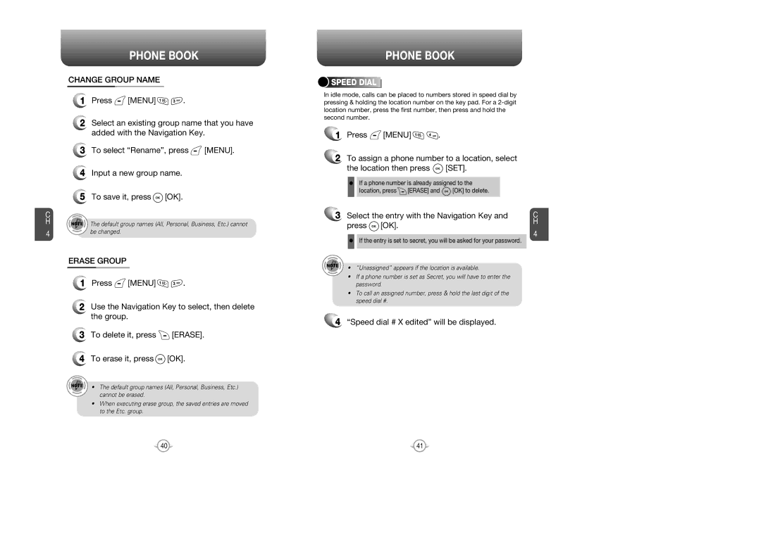 Verizon CDM8615 manual Change Group Name, Erase Group, Select the entry with the Navigation Key and press OK, Speed Dial 