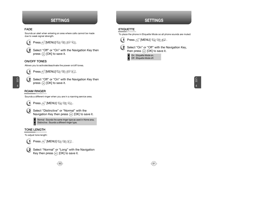 Verizon CDM8615 manual Fade, ON/OFF Tones, Roam Ringer, Tone Length, Etiquette 