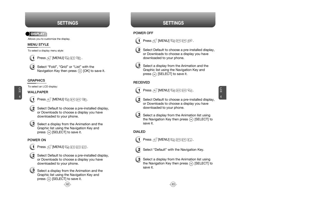 Verizon CDM8615 manual Menu Style, Wallpaper, Power on, Power OFF, Dialed 