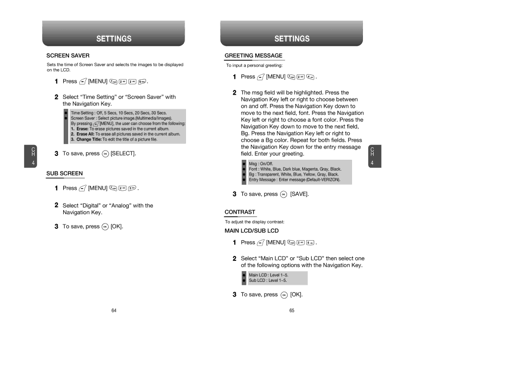 Verizon CDM8615 manual Screen Saver, SUB Screen, Greeting Message, Contrast, Main LCD/SUB LCD 