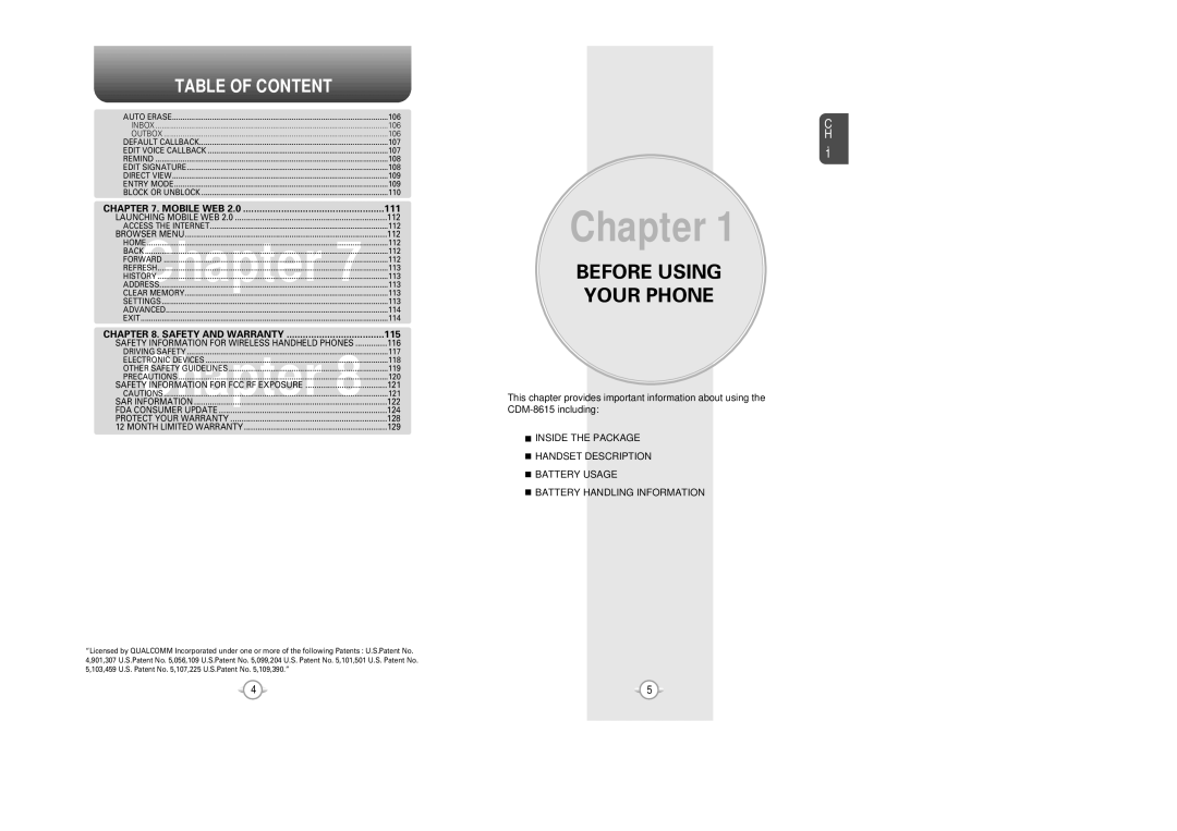 Verizon CDM8615 manual Table of Content, Safety and Warranty 