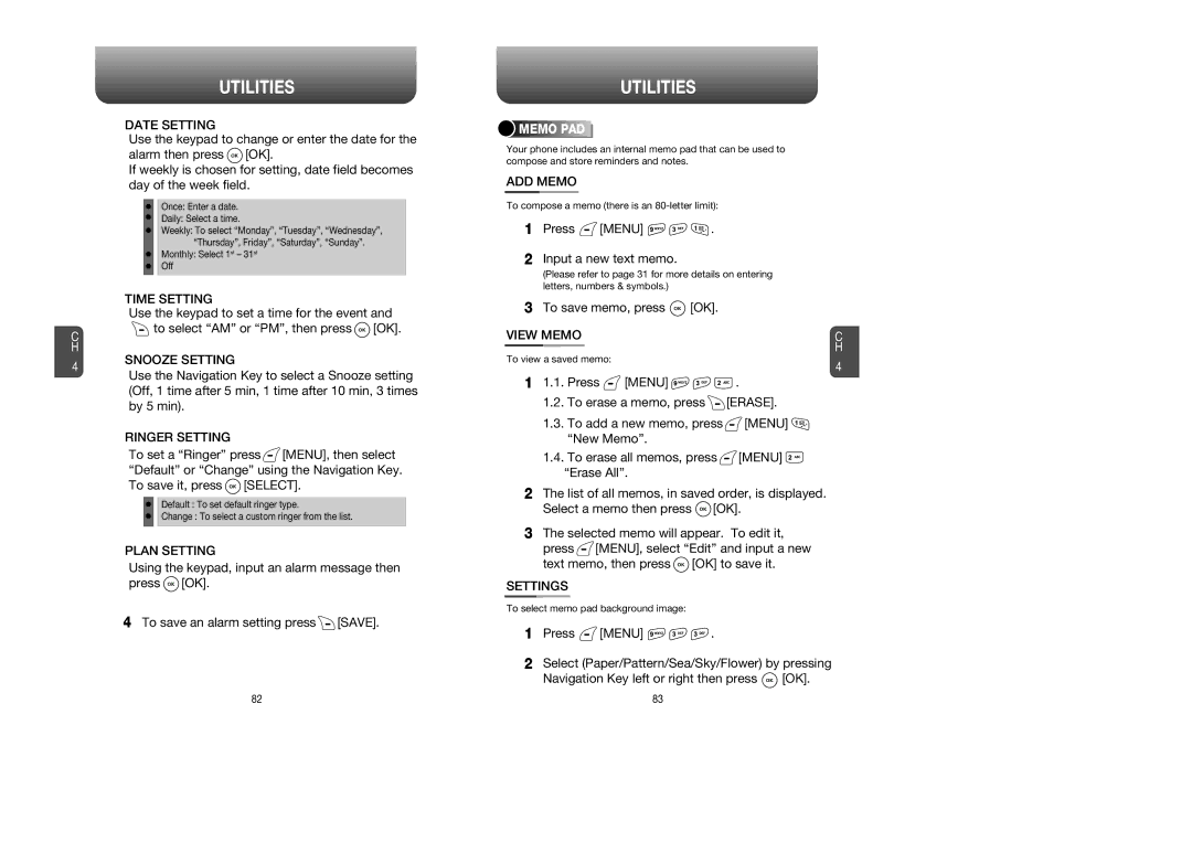 Verizon CDM8615 manual Snooze Setting, ADD Memo, Press Menu Input a new text memo, To save memo, press OK, Settings 