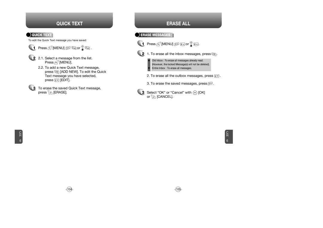 Verizon CDM8615 manual Quick Text, Erase ALL, Press Menu or To erase all the inbox messages, press, Erase Messages 