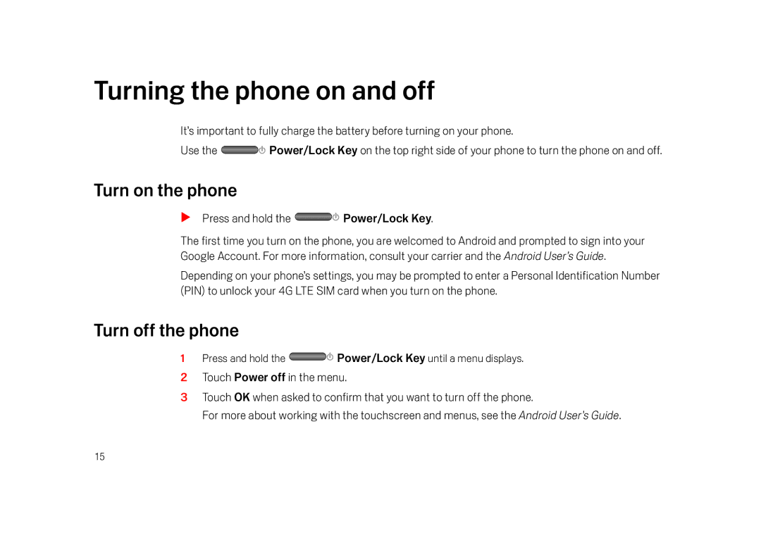 Verizon Cell Phone manual Turning the phone on and off, Turn on the phone, Turn off the phone 