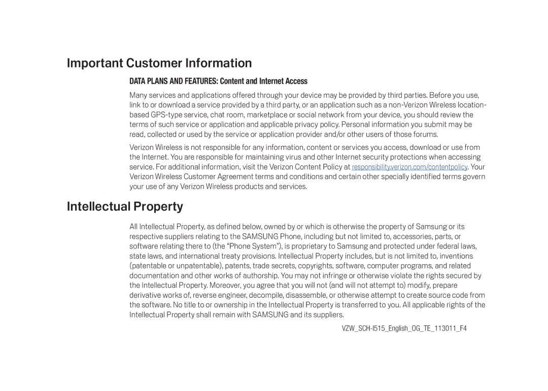 Verizon Cell Phone manual Important Customer Information, Intellectual Property 