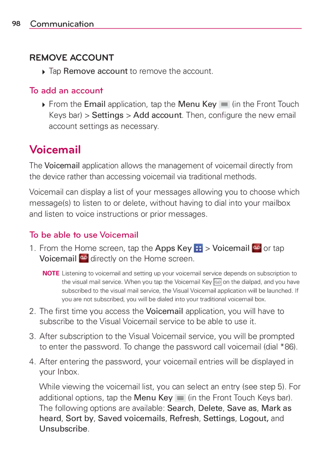 Verizon G2 manual To add an account, To be able to use Voicemail, Tap Remove account to remove the account 