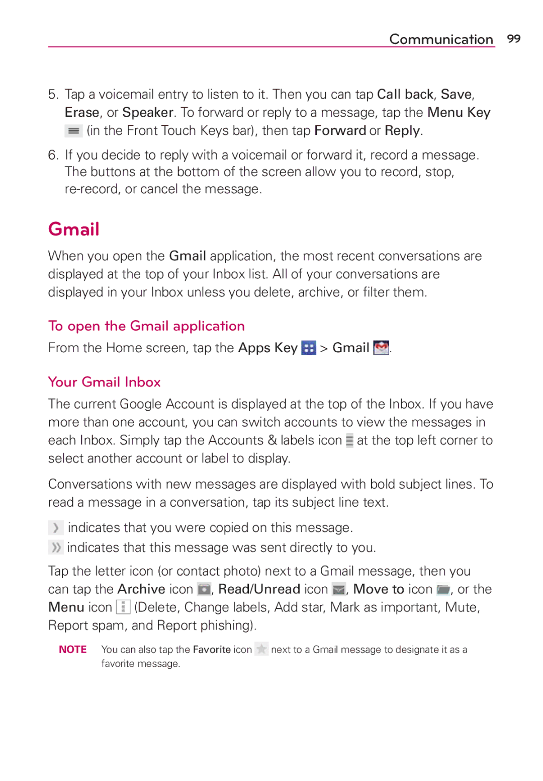 Verizon G2 manual To open the Gmail application, Your Gmail Inbox, From the Home screen, tap the Apps Key Gmail 