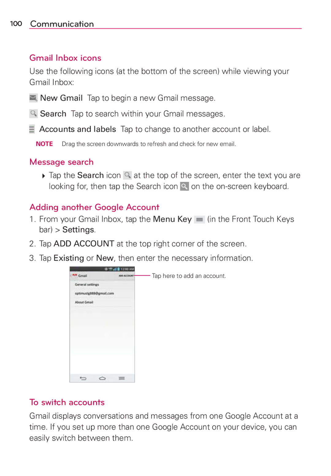 Verizon G2 manual Gmail Inbox icons, Adding another Google Account, To switch accounts 