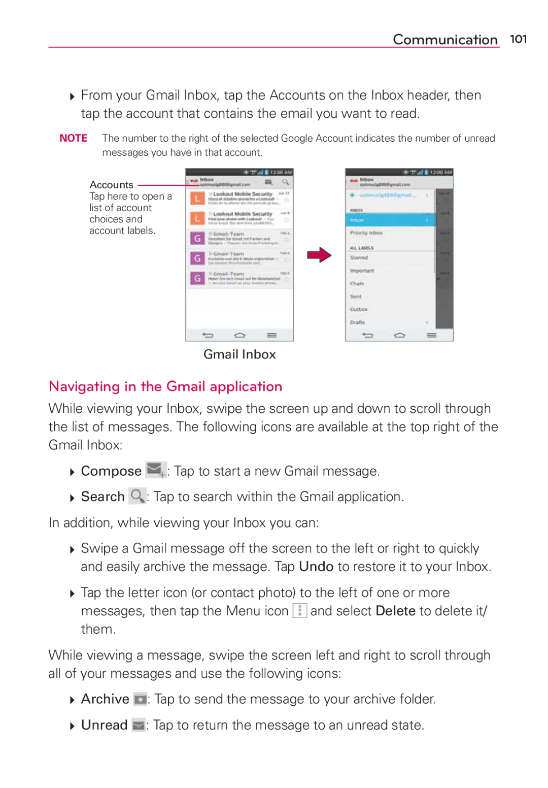 Verizon G2 manual Navigating in the Gmail application 