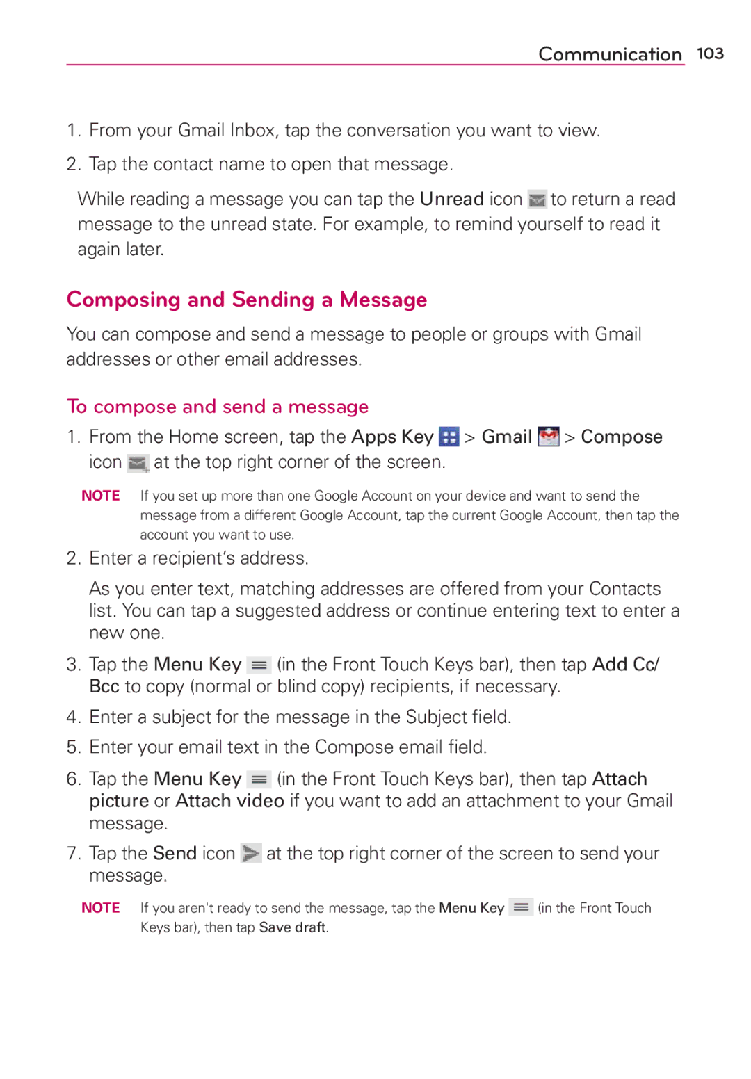 Verizon G2 manual Composing and Sending a Message, To compose and send a message 