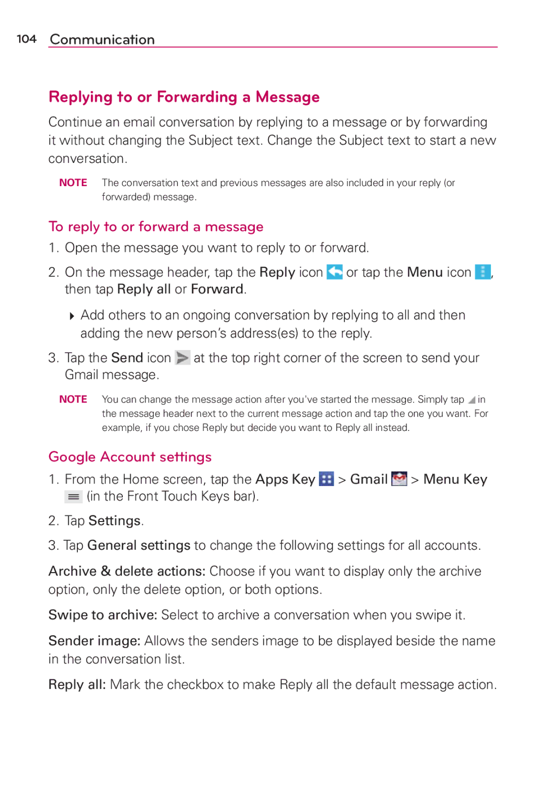 Verizon G2 manual Replying to or Forwarding a Message, To reply to or forward a message, Google Account settings 