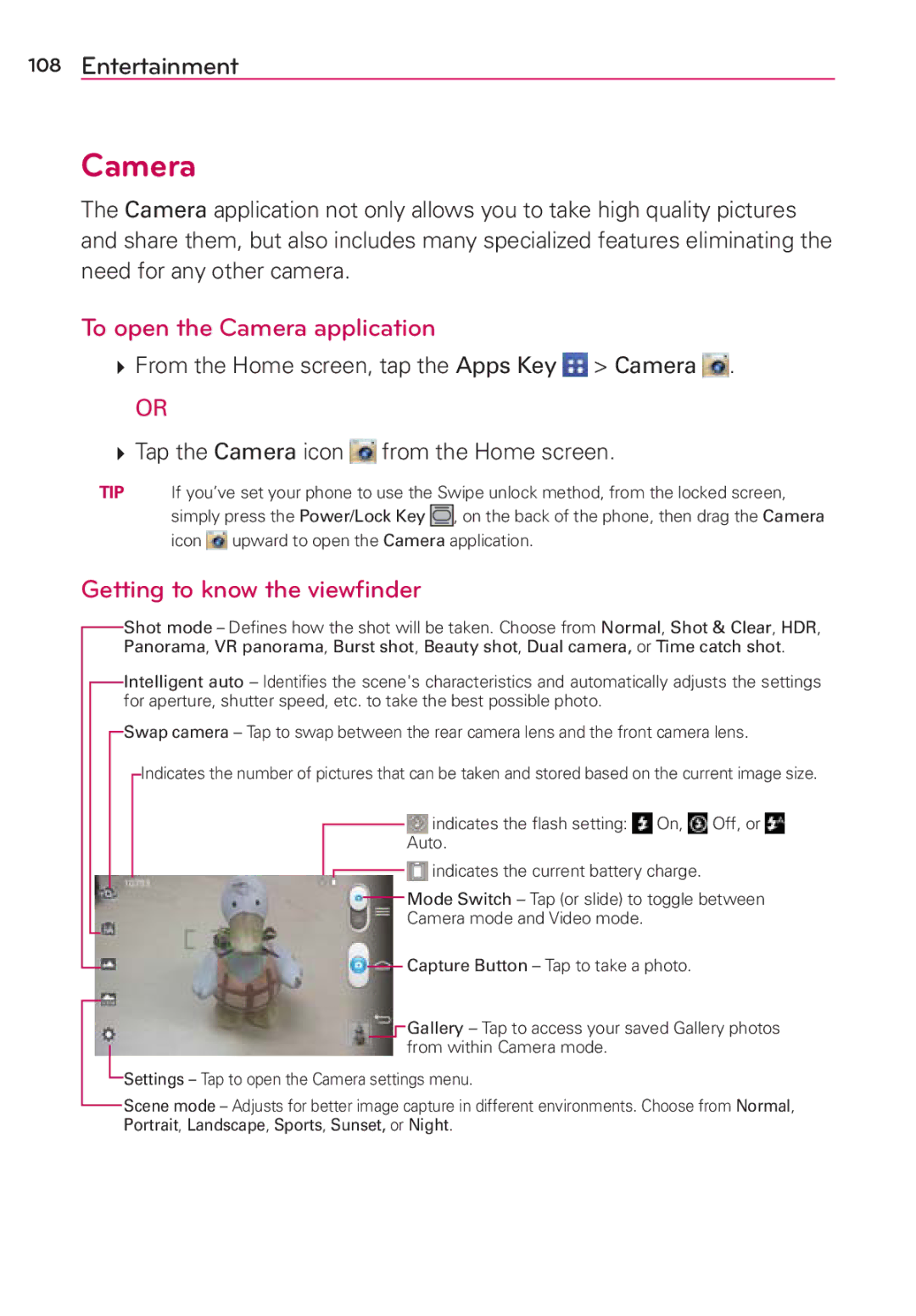 Verizon G2 manual To open the Camera application, Getting to know the viewﬁnder 